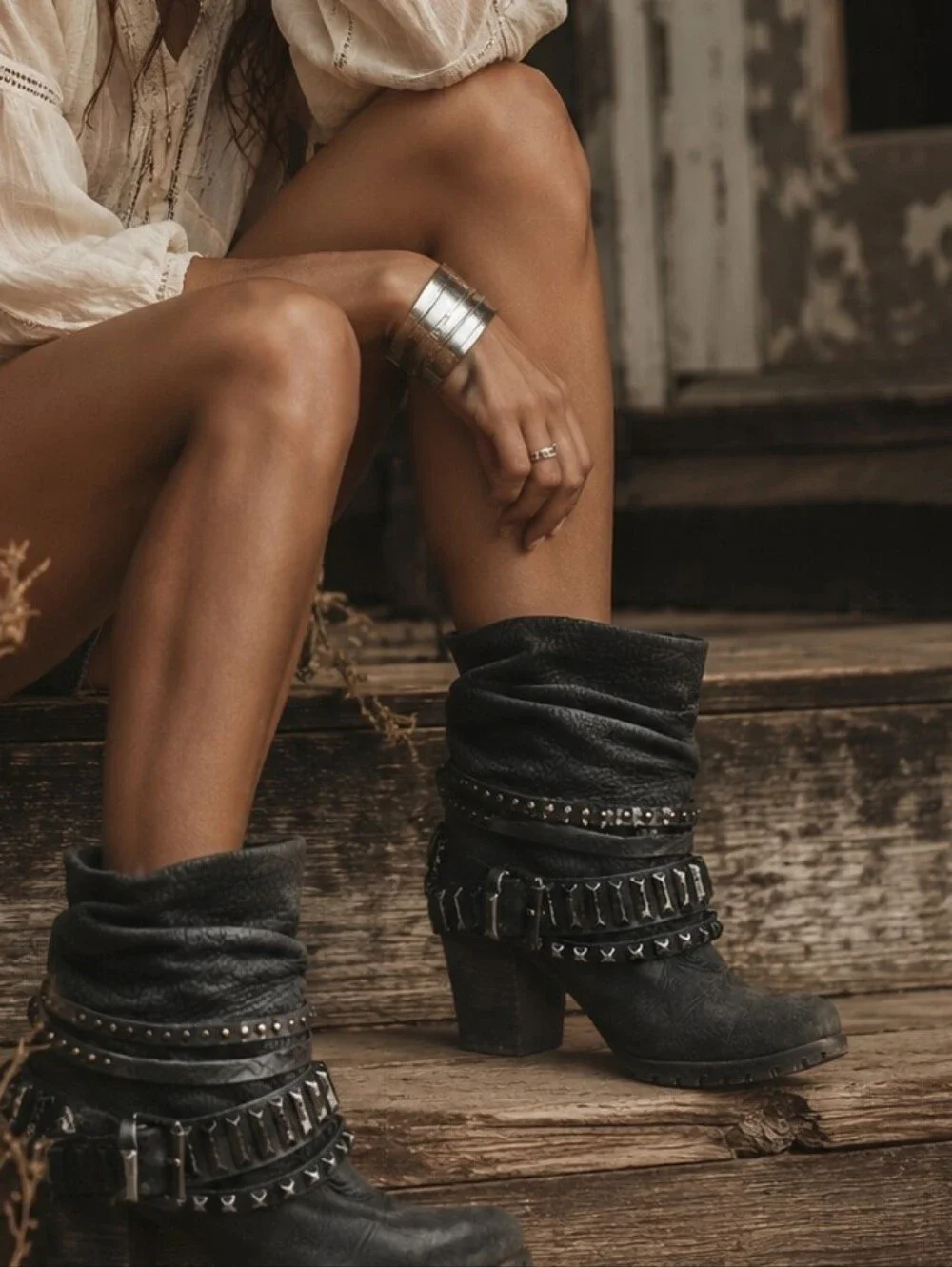 $995 Kennel Und Schmenger Black Leather Studded/Straps Ankle Boots 7/8